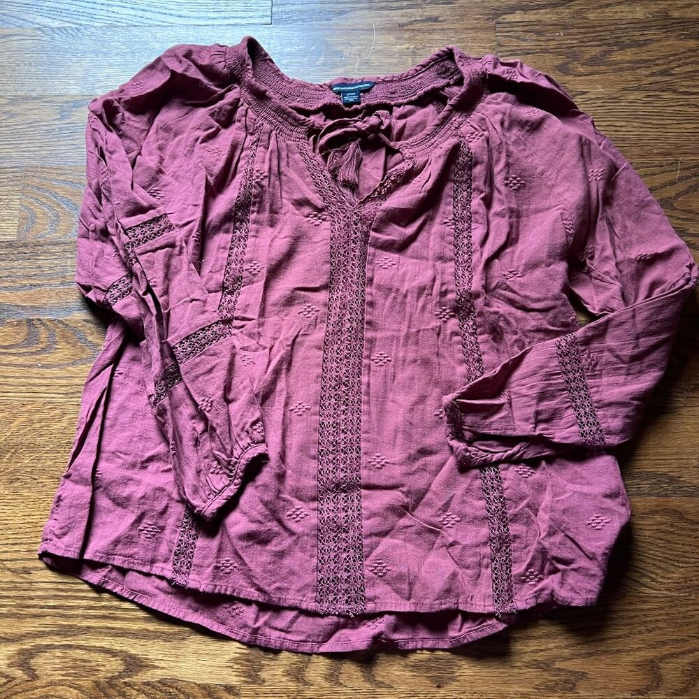 EUC American Eagle Maroon Burgundy Boho Peasant Blouse Top Sz S